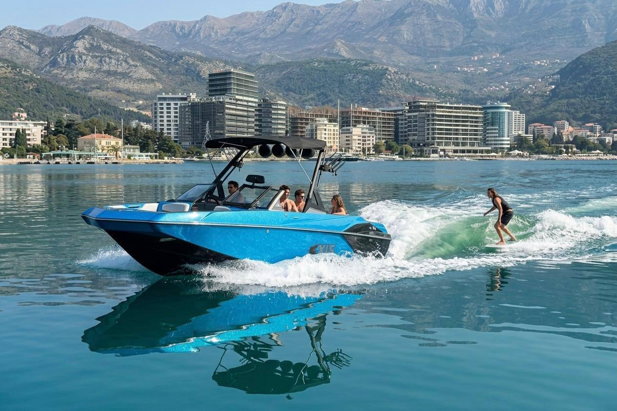 Axis A24 wake boat with a wakesurfer, Budva